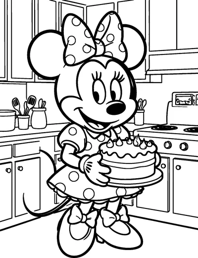 Minnie Mouse smiling as she carries a frosted cake on a plate in a kitchen with cupboards, a cooker and utensil jars.