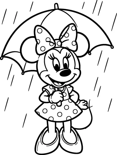 Minnie Mouse standing under a large open umbrella as rain falls around her, smiling in her polka-dot bow and dress.
