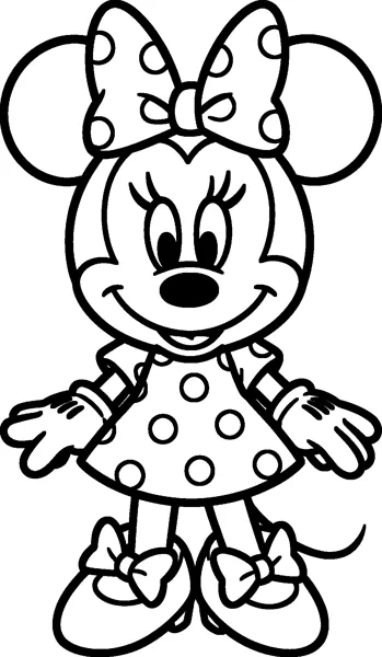 Minnie Mouse standing with her arms held out wide, wearing a polka-dot bow, polka-dot dress, white gloves and shoes with bows.