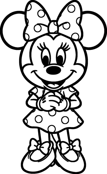 Minnie Mouse standing with a happy smile and her gloved hands clasped together, wearing a polka-dot bow, dress and bowed shoes.
