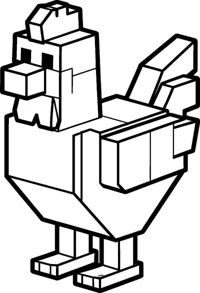 A blocky Minecraft chicken with a tall square head, a box-shaped beak, a wattle under the beak, folded wings and two feet.