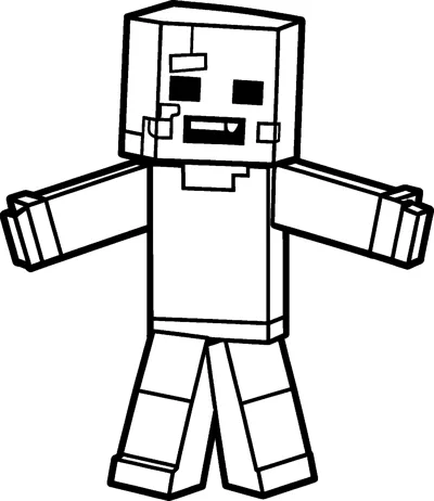 A friendly blocky Minecraft zombie standing with both arms stretched straight out in front, with a cube head and a toothy grin.