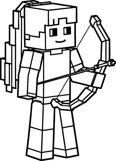 A blocky Minecraft Alex drawing with a pixel ponytail smiling as she holds up a pixelated bow with an arrow ready.