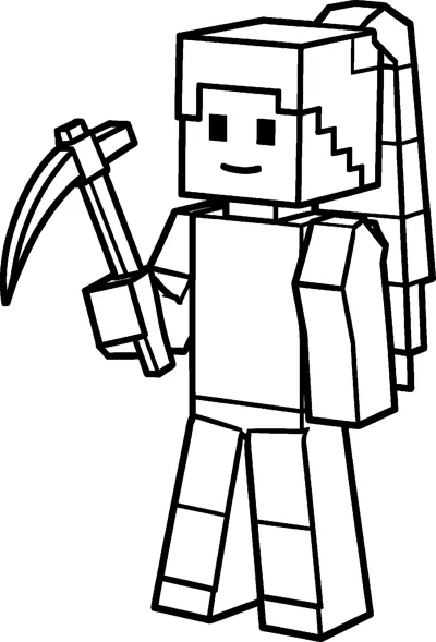 A blocky Minecraft Alex drawing with a long block ponytail smiling and lifting a pickaxe in one cube hand.
