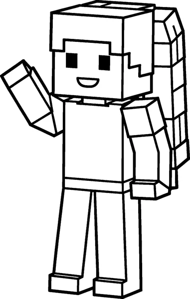 A blocky Minecraft Alex drawing with a long block ponytail smiling and waving one cube arm in the air.