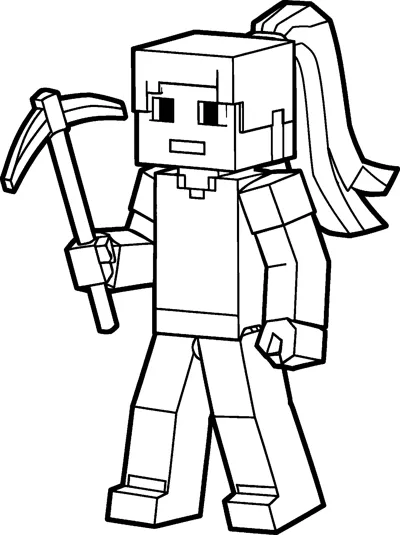 Minecraft Alex, a blocky girl with a long ponytail, walking forward and holding a pickaxe up in one hand.