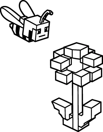 A cube-shaped Minecraft bee with striped body, antennae and two wings flying towards a tall blocky flower with square petals.