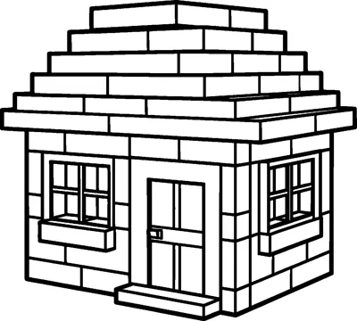 A small Minecraft house built from blocks, with a stepped roof, a front door with a step, and two square windows with flower boxes.
