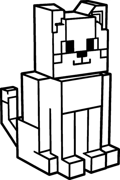 A blocky Minecraft cat sitting upright with square ears, a small pixel nose, a smiling mouth and a long block tail curling behind.