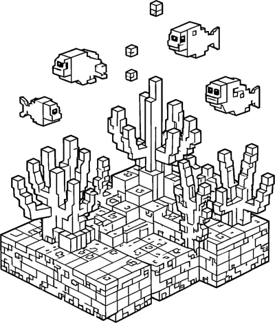 An isometric Minecraft underwater scene with branching blocky coral on a sandy block base and four pixel fish swimming above.