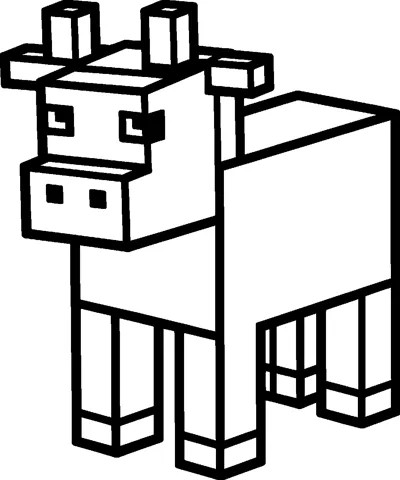 A blocky Minecraft cow with two small square horns, a flat snout and four cube legs, drawn in thick outlines.