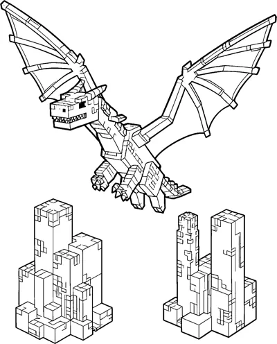 The Minecraft ender dragon flying with wide bony wings and open jaws above two clusters of tall blocky End pillars.