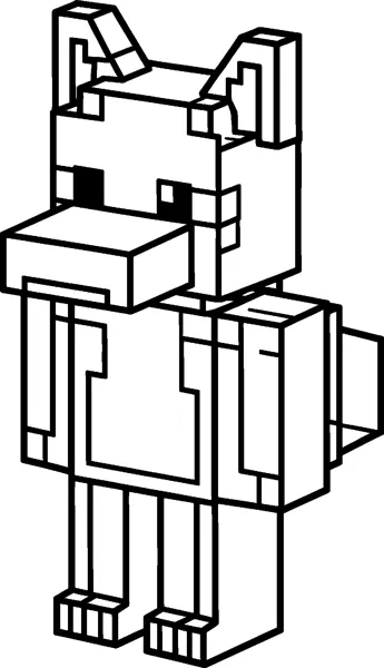 A blocky Minecraft fox standing on four legs, with tall square ears, a long box-shaped snout and a chunky block tail.