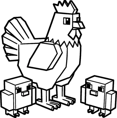 A blocky Minecraft chicken with a comb and wattle standing between two small cube-shaped chicks on the ground.