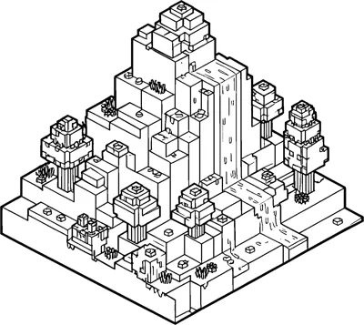 An isometric Minecraft mountain made of stacked blocks, with a waterfall pouring down the middle and blocky trees and grass around it.