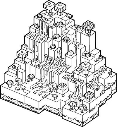 A towering blocky Nether island with lava falls running down its cube cliffs, topped with small mushrooms and fungi.
