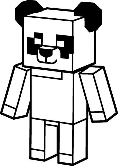 A blocky Minecraft panda standing on two legs with dark ears and eye patches, a cube head, a square body and block arms.