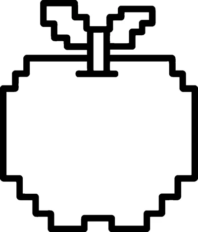 A big pixel apple with square stepped edges, a short stem and two blocky leaves, drawn in thick black outline.