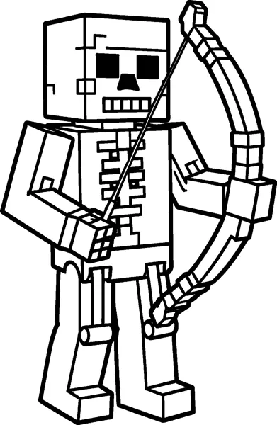 A blocky Minecraft skeleton with square eye holes and rows of rib bones, standing and holding a large bow at its side.