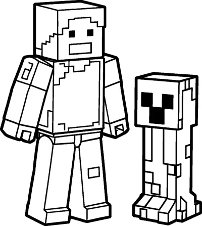 Minecraft Steve standing calmly beside a tall blocky creeper with its famous square face and pixel pattern on its body.