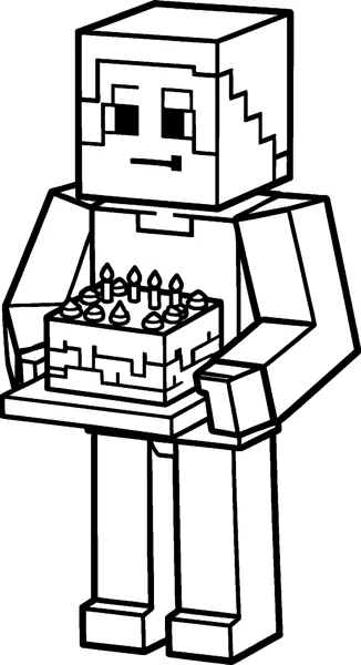 A blocky Minecraft Steve drawing carrying a square pixel cake topped with candles on a flat tray in both cube hands.