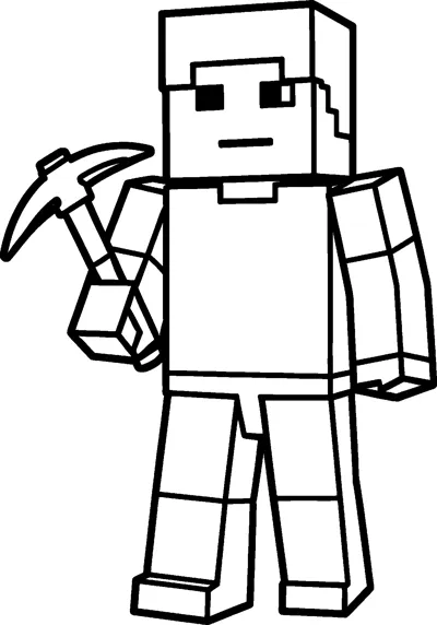 A blocky Minecraft Steve drawing standing straight and holding a pickaxe in one cube hand, ready to go mining.