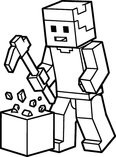 Minecraft Steve swinging a pickaxe at a cube-shaped block on the ground, with small broken pieces flying up from it.
