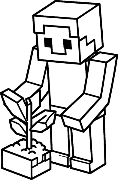 A blocky Minecraft Steve drawing kneeling down to plant a small sapling with square leaves in a cube of dirt.