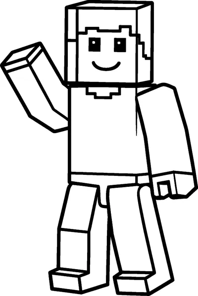 Minecraft Steve with his square head, short blocky hair and a smile, raising one arm to wave while standing on two block legs.