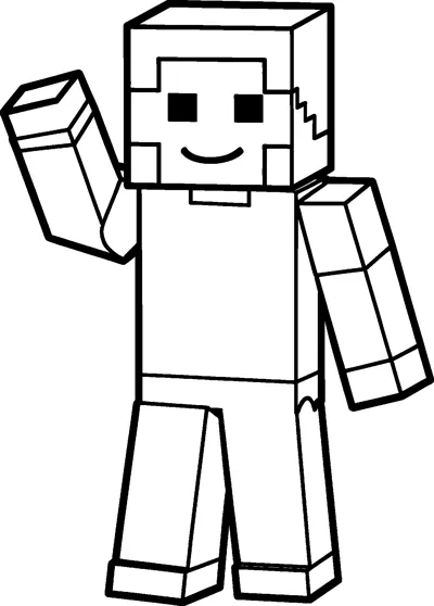 A blocky Minecraft Steve drawing standing with one cube arm raised in a wave and a wide smile on his square face.