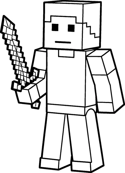 A blocky Minecraft Steve drawing holding a pixel diamond sword upright in one cube hand with a calm square face.