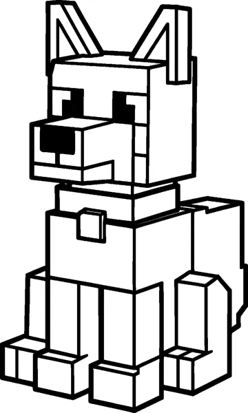 A blocky Minecraft wolf sitting down, wearing a collar with a tag, with pointed square ears, pixel eyes and a black nose.