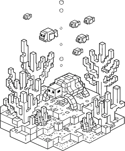 A blocky turtle crawls across a cube-shaped seabed surrounded by branching pixel coral, with small square fish and bubbles above.
