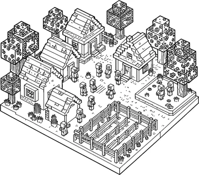 A Minecraft village on a square plot with blocky houses, cube-shaped trees, a fenced farm and small villagers walking along the paths.