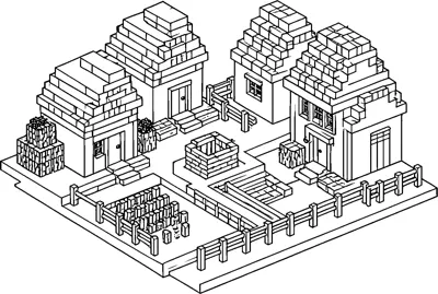 An isometric Minecraft village with four blocky houses, a stone well in the middle, wooden fences and a small crop farm.