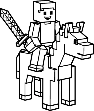 A smiling blocky Steve sits on a square-shaped horse and holds a pixel-patterned diamond sword up beside him.