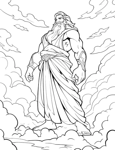 A muscular bearded god in flowing robes stands on storm clouds with lightning.