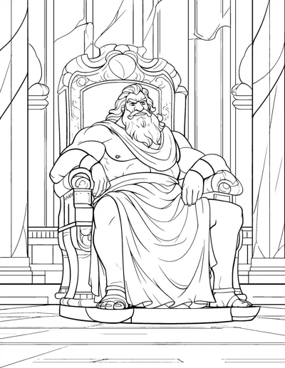 A bearded god sits on an ornate throne inside a grand columned hall.