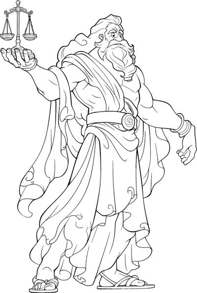 A bearded god in a flowing robe holds up a set of balance scales.