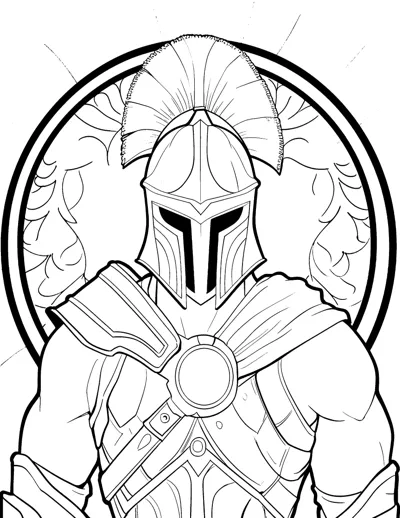 A warrior in a crested helmet and armor stands inside a ring of laurel leaves.