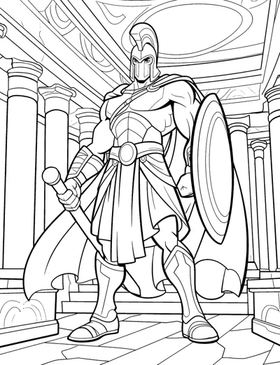 A helmeted warrior with a shield and cape stands among temple columns.