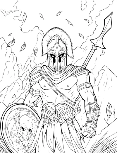 A warrior in a crested helmet holds a spear and shield on a windy battlefield.