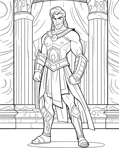 A young armored god stands between carved pillars with a cape at his side.
