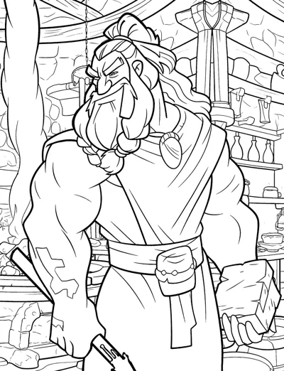 A bearded god in an apron stands in a workshop filled with tools and shelves.