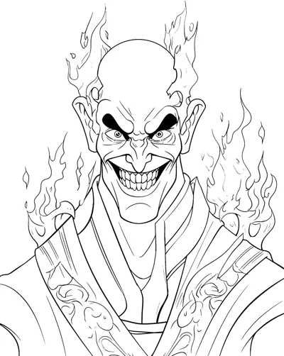 A sneering bald god with flames rising from his head stares forward.