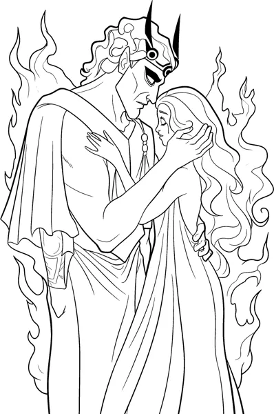 A crowned god holds a long-haired goddess close as flames rise around them.