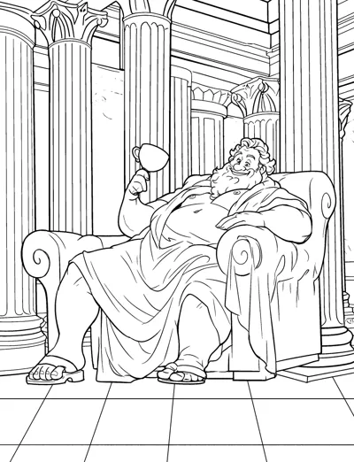 A bearded god reclines on a couch holding a cup inside a hall of tall columns.