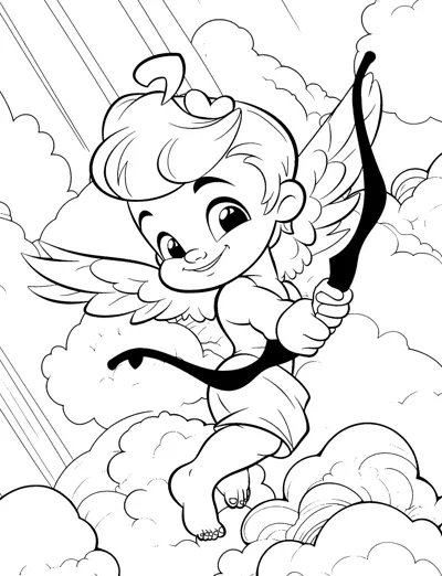 A winged cherub holding a bow flies among thick clouds and light rays.