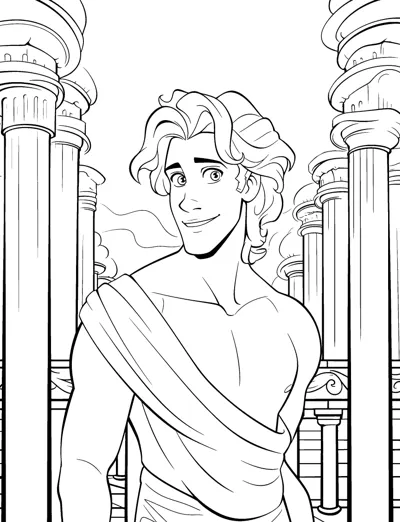 A smiling young god in a draped tunic stands between tall temple columns.