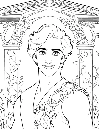 A smiling young god with wavy hair is framed by an ornate arch of leaves and flowers.